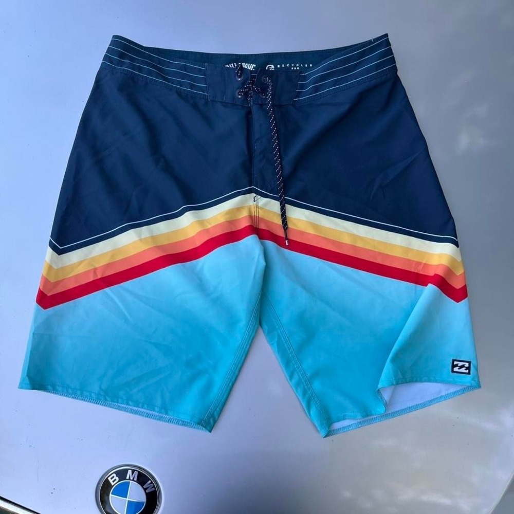 Blue Billabong recycler pro colorful swim trunks with elastic waistband